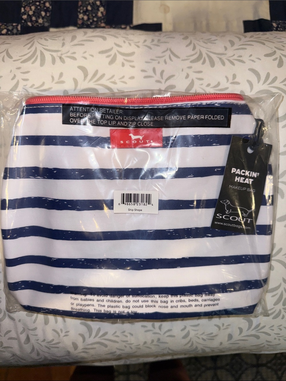 NWT. Scout Striped Cosmetic Pouch in Navy, White & Coral in Ship Shape